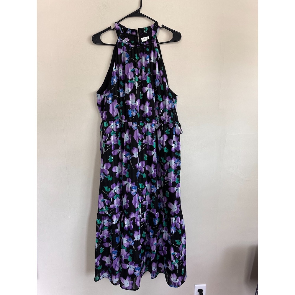 J.Crew Halter Midi Dress Size 18 Black Purple Floral Chiffon Tiered Ruffle
